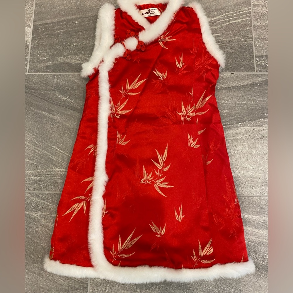 Red fur trimmed cheongsam qipao dress